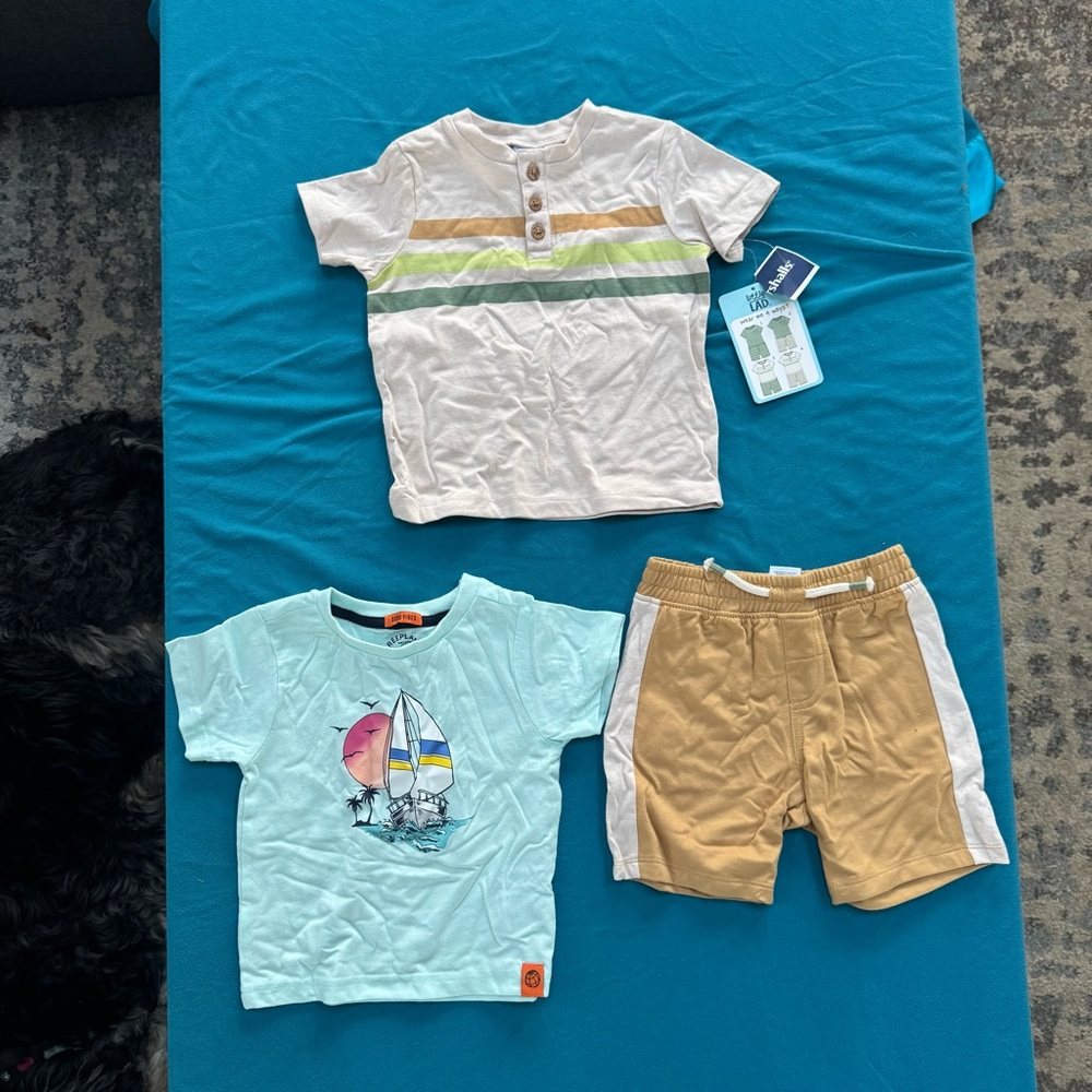 Free Planet Kids Tee and Shorts Set - Cream, Green, Blue, Tan
